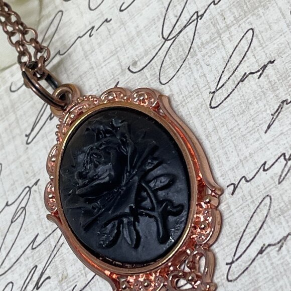 Gothic Steampunk Halloween Rose Gold Necklace Black Rose Cameo Witch Jewelry New - Picture 12 of 16